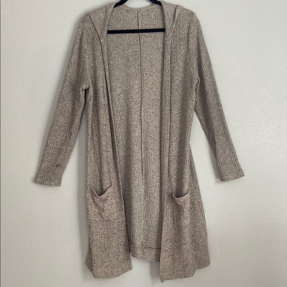 Unbranded Women's Beige Hooded Sweater Open Front Cardigan Long Sleeves Sz L